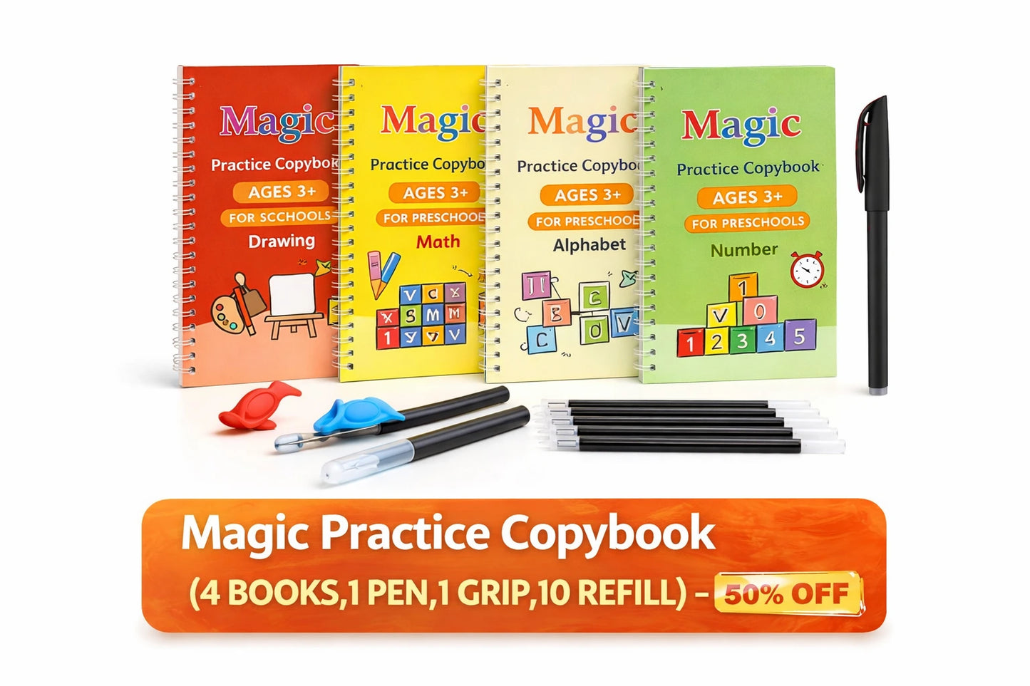 Magic Practice Copybook (4 Books, 1 Pen, 1 Grip, 10 Refills)- 50% Off (Save ₹600)